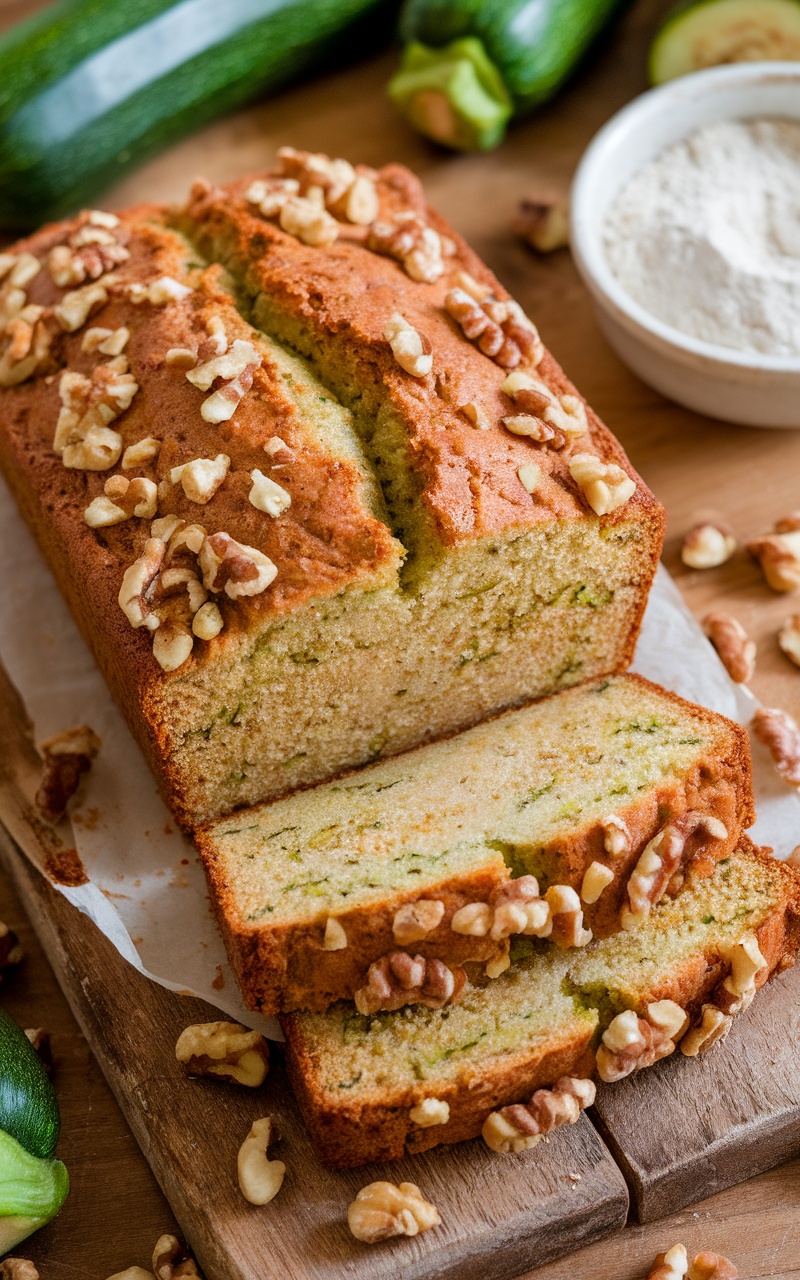 Sliced keto zucchini bread on a wooden cutting board with zucchinis beside it.